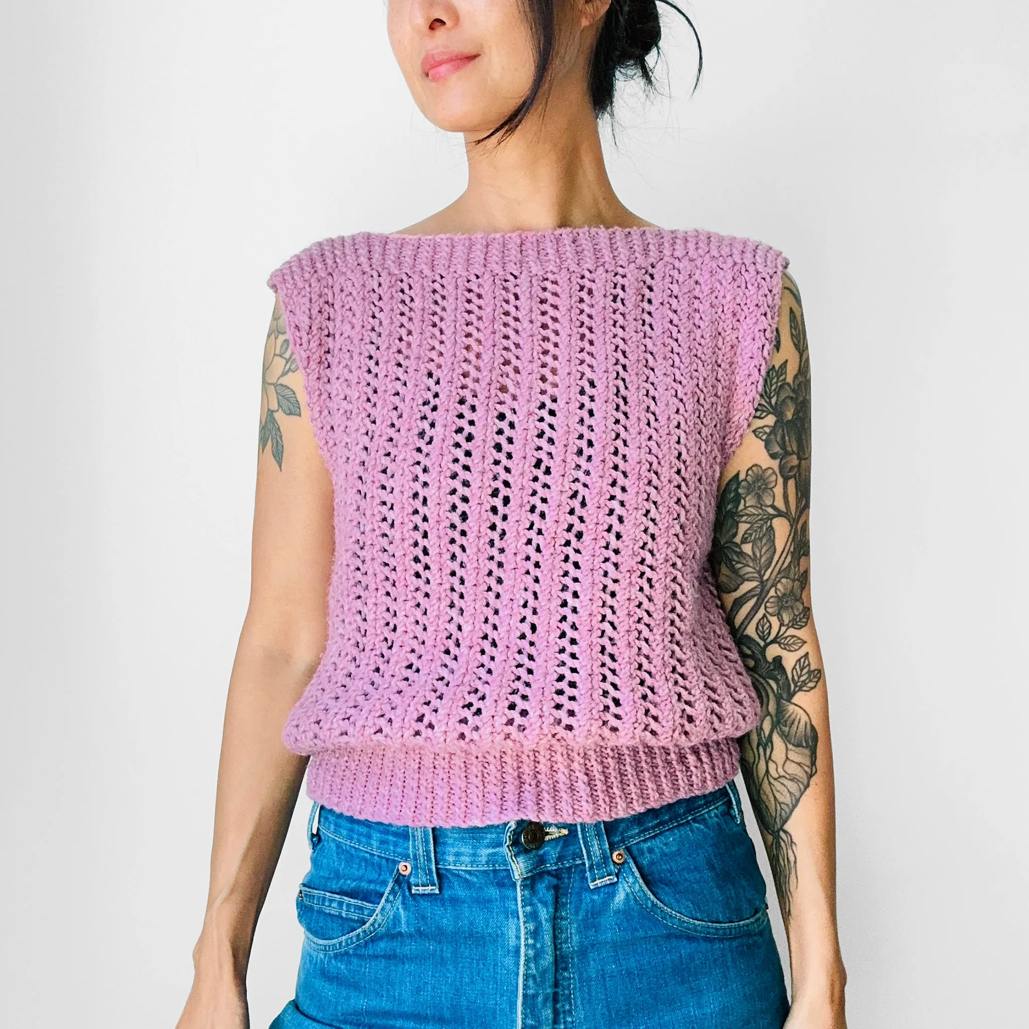 1970s - 1980s Mauve Hand-Knit Sleeveless Top - Sz. S/M