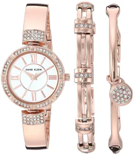 Anne Klein Women's Premium Crystal Accented Watch and Bracelet Set, Rose Gold, Japanese