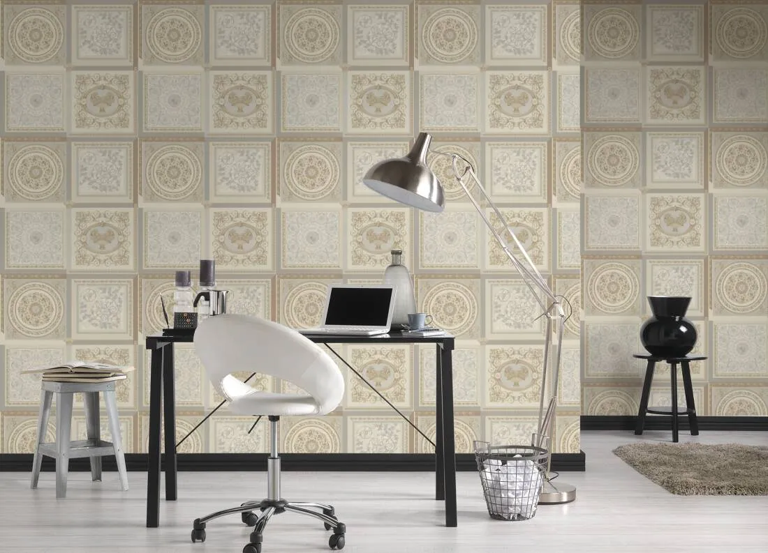 Baroque Squares Textured Wallpaper in Cream/Grey from the Versace V Collection