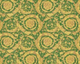 Baroque Textured Damask Wallpaper in Green/Beige from the Versace IV Collection