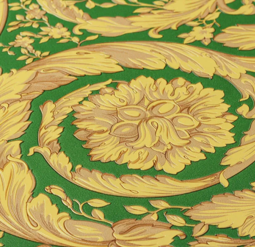 Baroque Textured Damask Wallpaper in Green/Beige from the Versace IV Collection