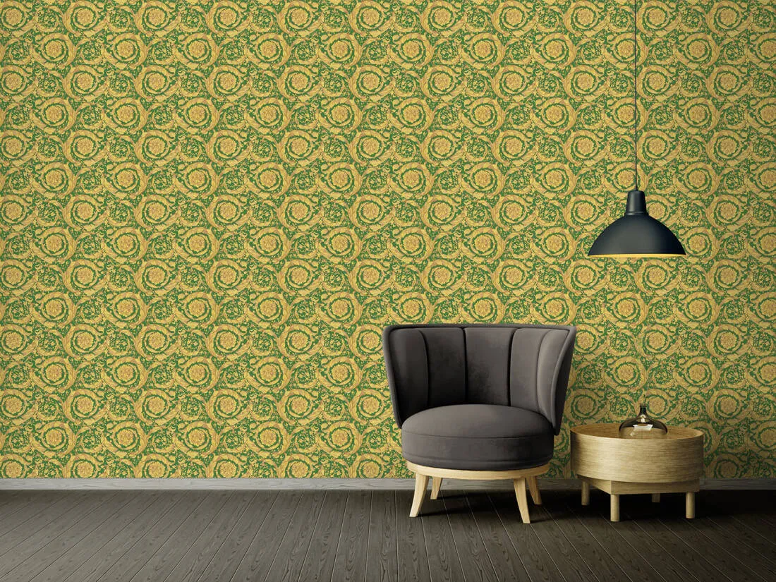 Baroque Textured Damask Wallpaper in Green/Beige from the Versace IV Collection