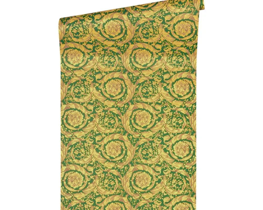 Baroque Textured Damask Wallpaper in Green/Beige from the Versace IV Collection