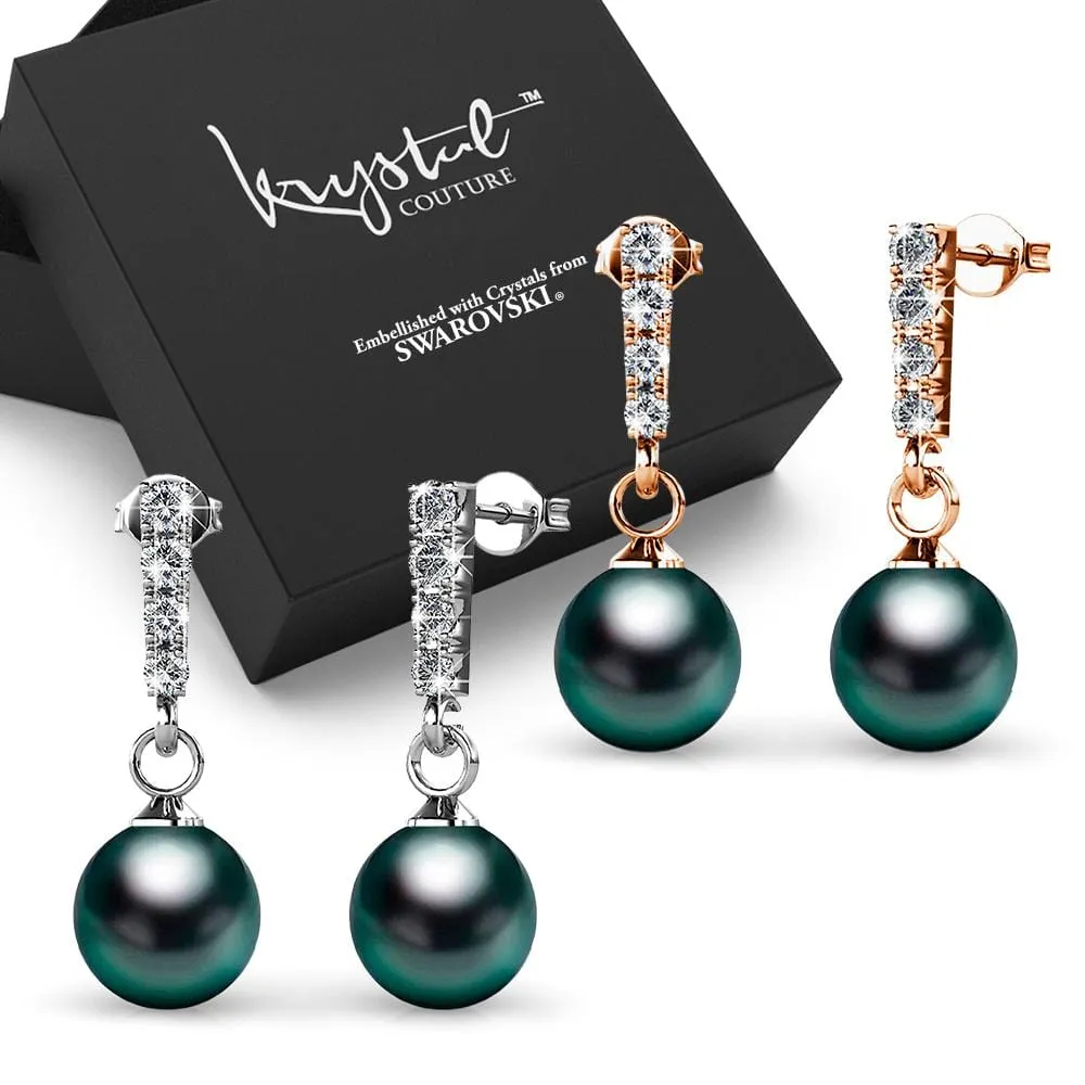 Boxed 2 Pairs Lustrous Earrings Set Embellished with SWAROVSKI Crystal Iridescent Tahitian Look Pearls