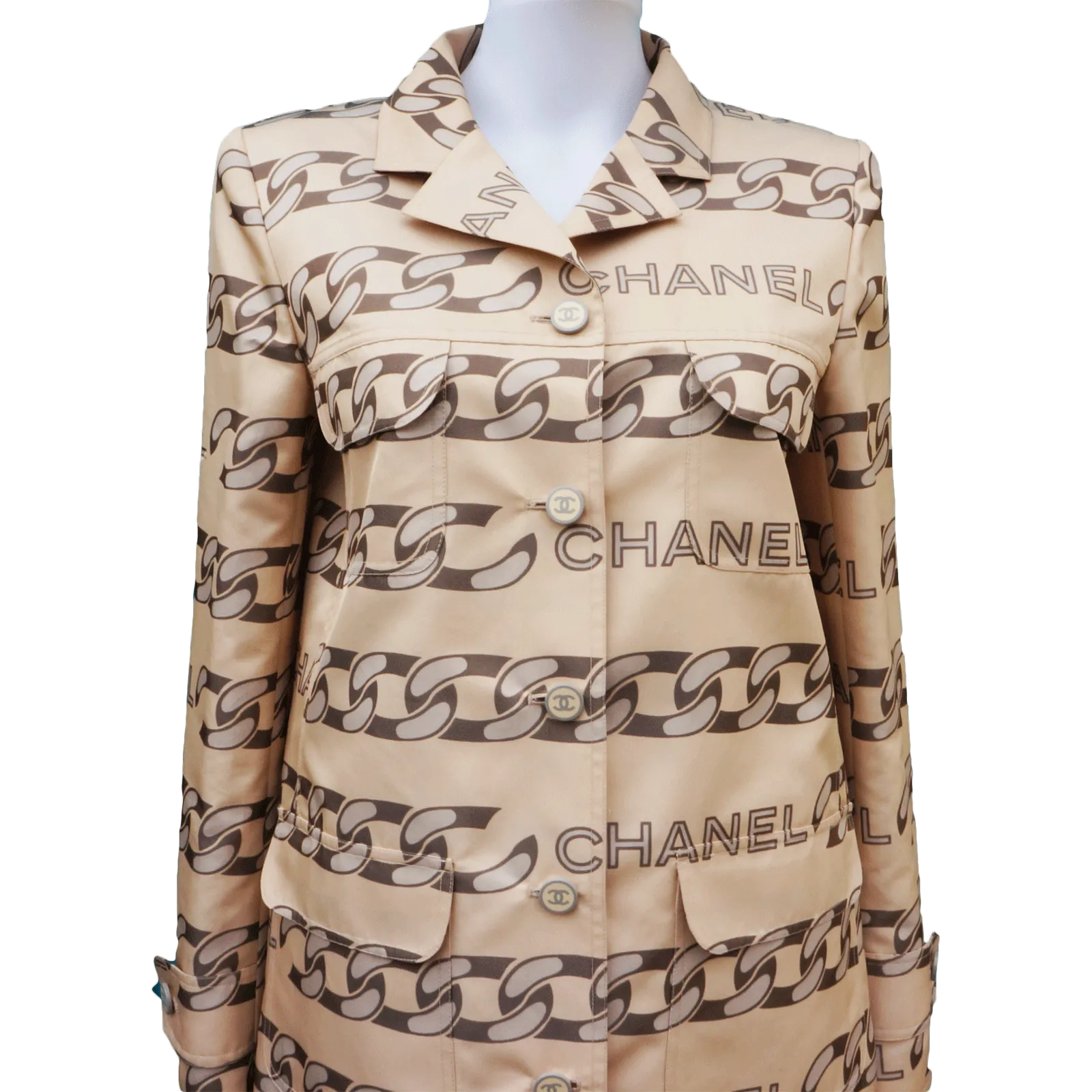 CHANEL LOGO & CHAIN-LINK PRINTED TRENCH COAT