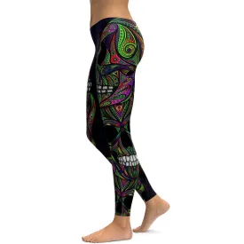 Colorful Green Ornamental Skull Leggings