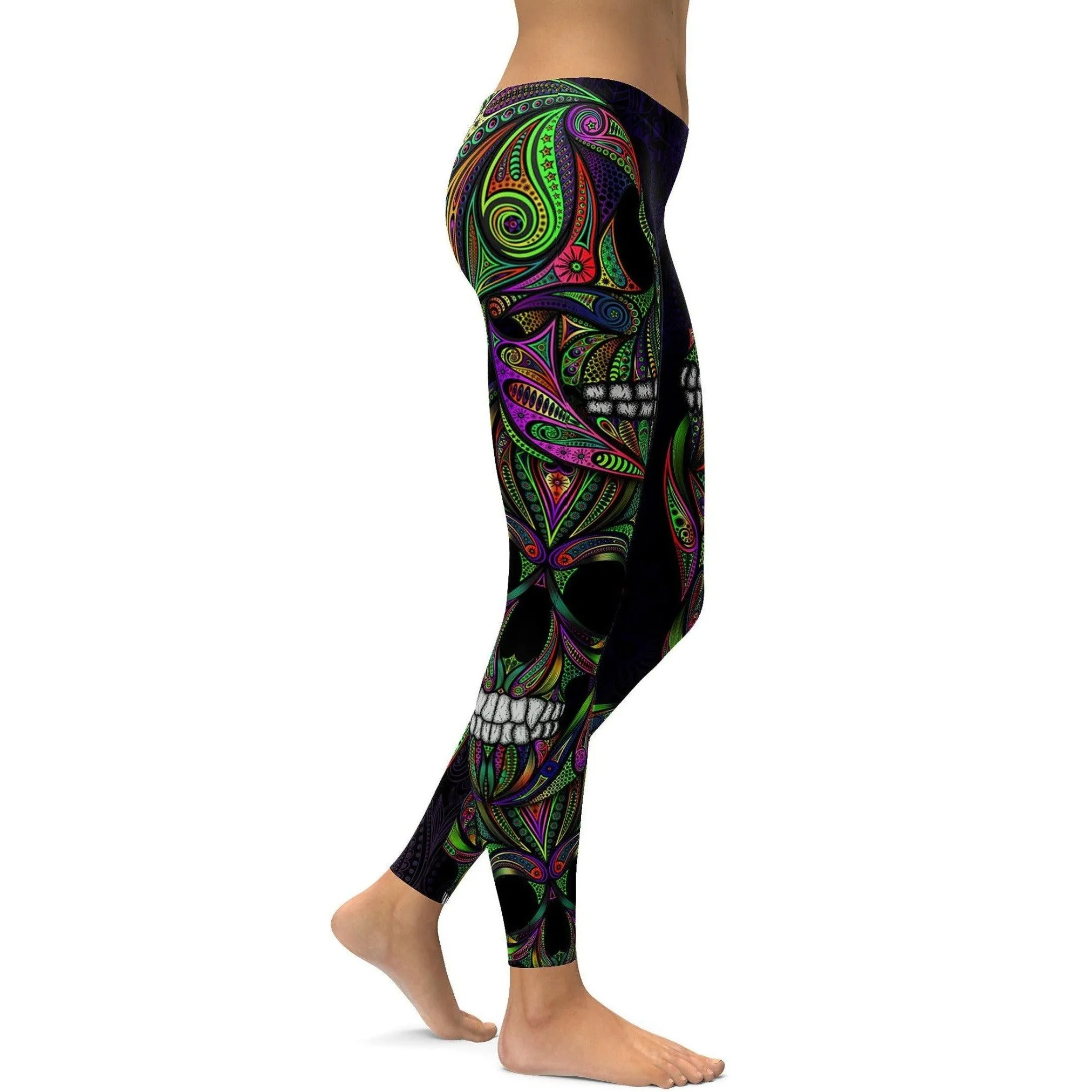 Colorful Green Ornamental Skull Leggings