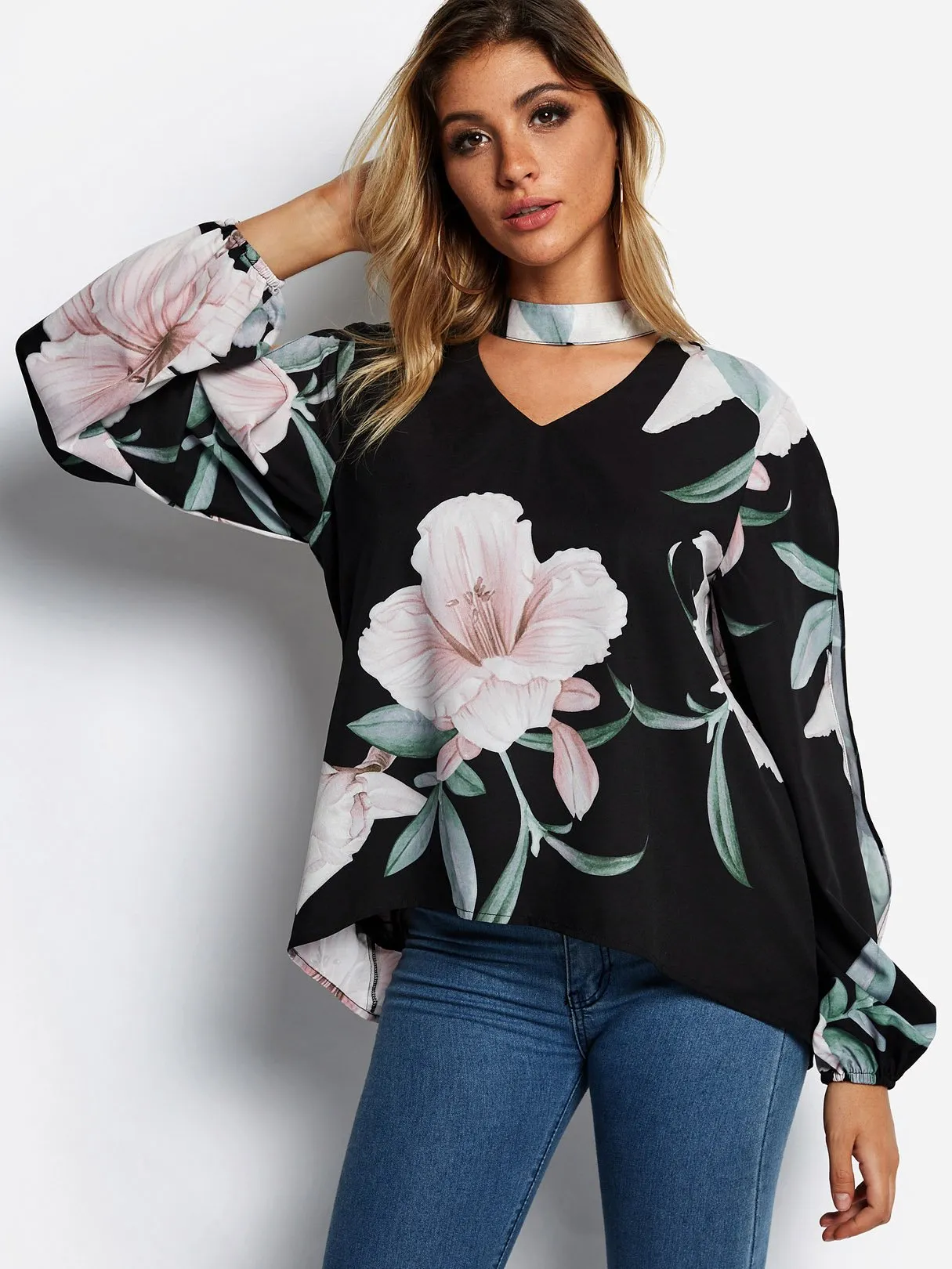 Custom Cold Shoulder Floral Print Cut Out Slit Long Sleeve Black Blouses