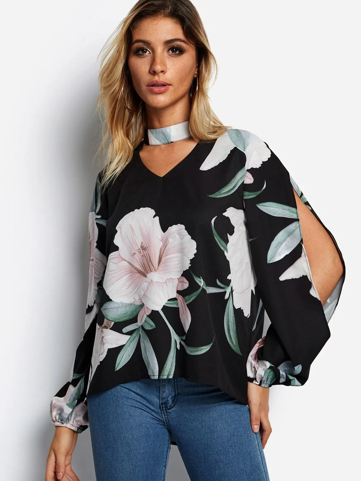 Custom Cold Shoulder Floral Print Cut Out Slit Long Sleeve Black Blouses