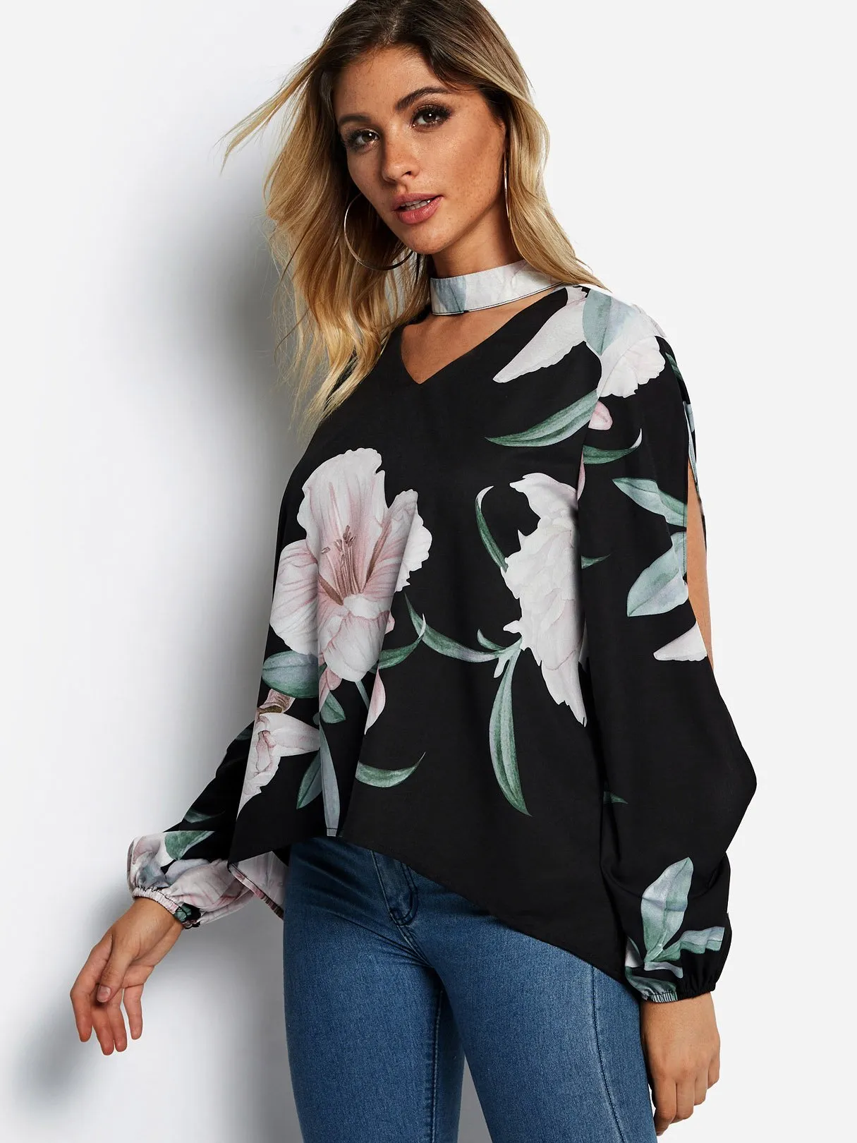 Custom Cold Shoulder Floral Print Cut Out Slit Long Sleeve Black Blouses