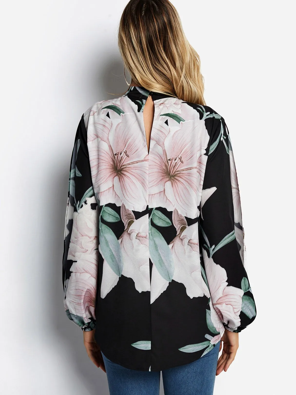 Custom Cold Shoulder Floral Print Cut Out Slit Long Sleeve Black Blouses