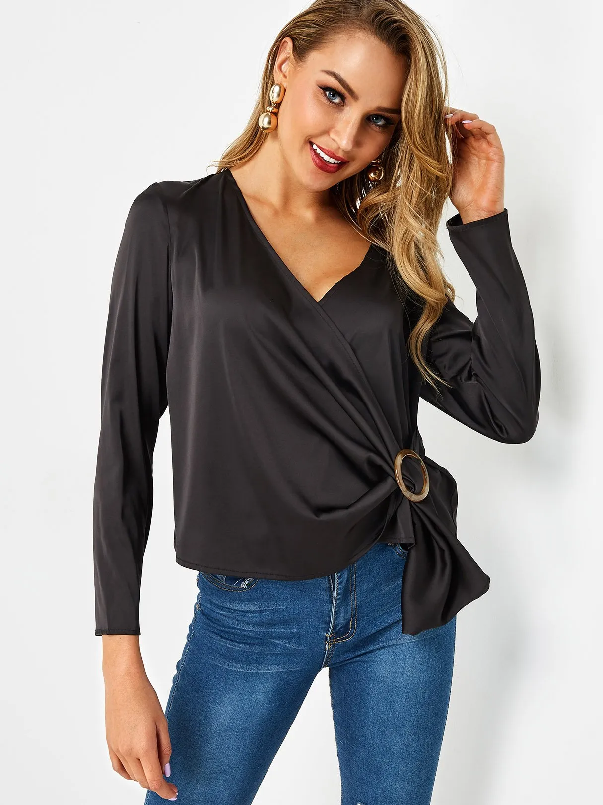 Custom Crossed Collar Plain Long Sleeve Irregular Hem Black Blouses