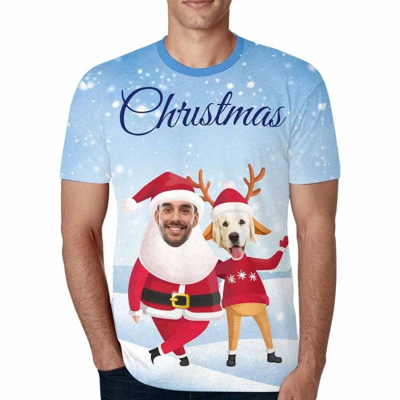 Custom Face Christmas Tee Dog Brother Men's All Over Print T-shirt Unique Photo Shirts Gift for Him