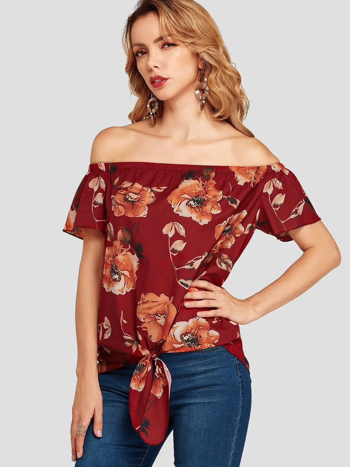 Custom Off The Shoulder Floral Print Short Sleeve Red Blouses