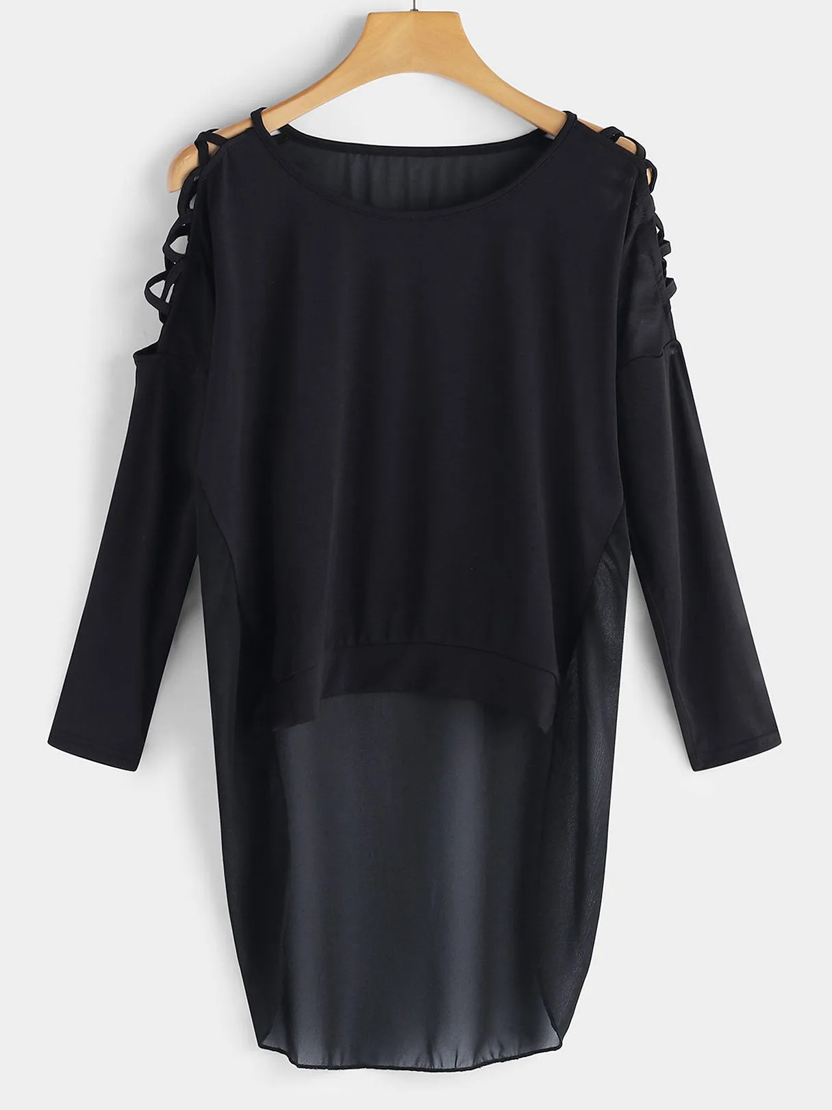 Custom Round Neck Cold Shoulder Plain Hollow Lace-Up Cut Out Long Sleeve Curved Hem Black Top