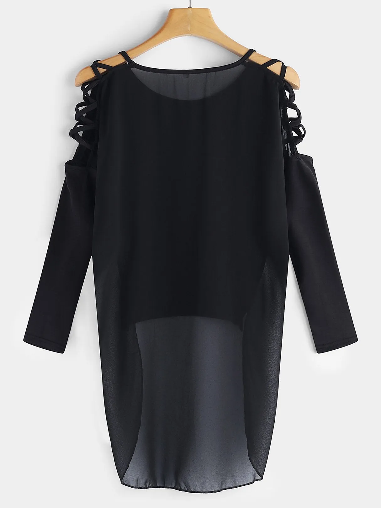 Custom Round Neck Cold Shoulder Plain Hollow Lace-Up Cut Out Long Sleeve Curved Hem Black Top