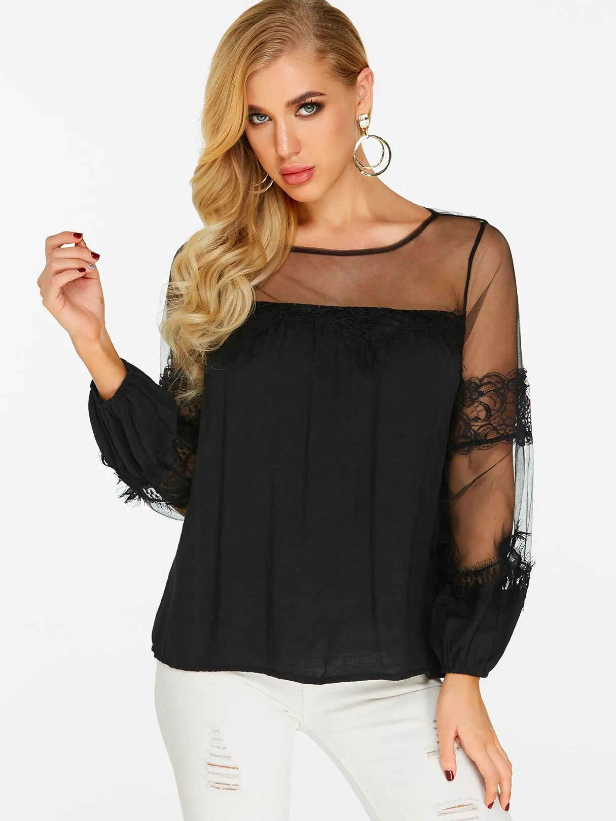 Custom Round Neck Lace Long Sleeve Blouses