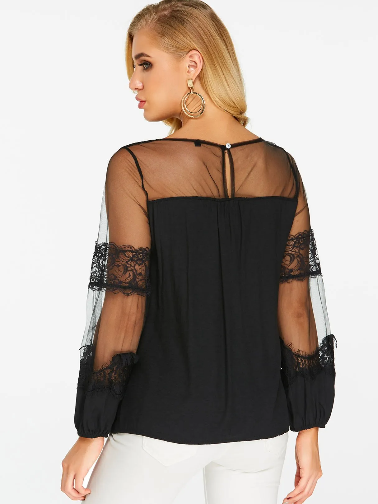 Custom Round Neck Lace Long Sleeve Blouses