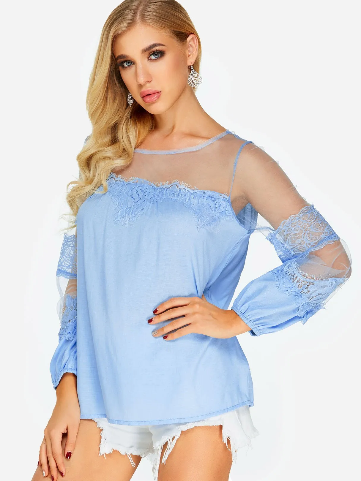 Custom Round Neck Lace Long Sleeve Blouses