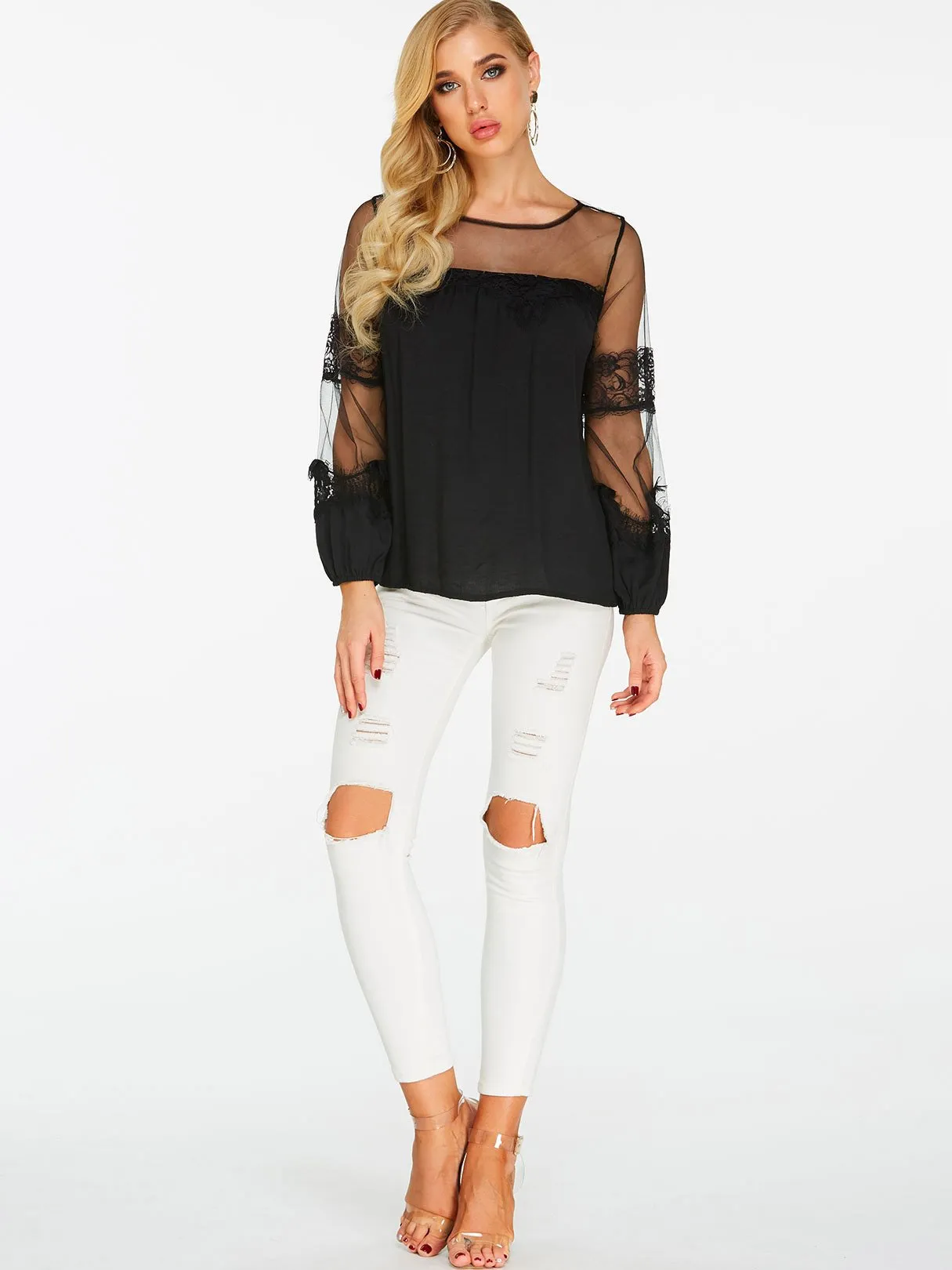 Custom Round Neck Lace Long Sleeve Blouses