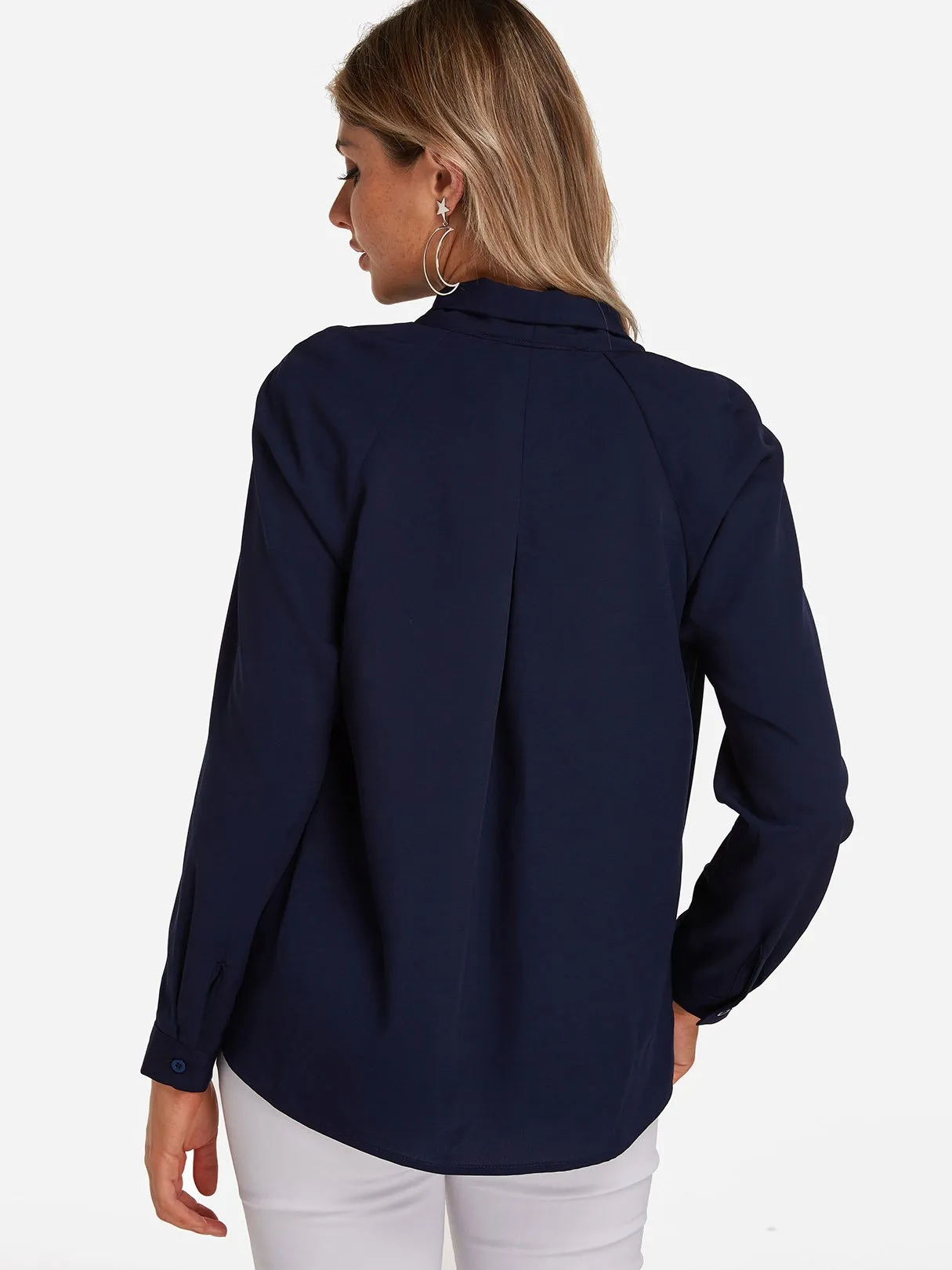 Custom V-Neck Crossed Front Hollow Long Sleeve Irregular Hem Navy Blouses