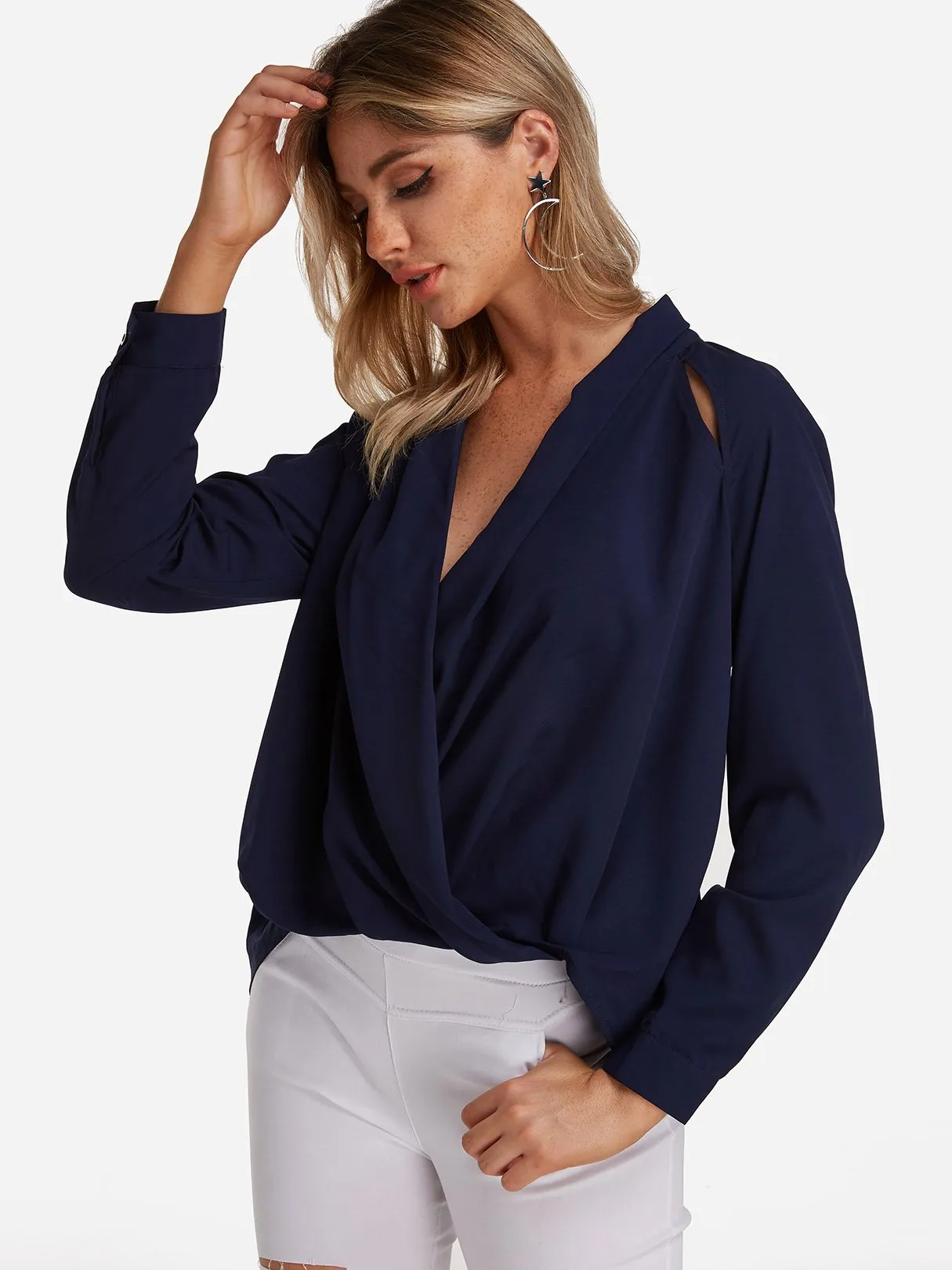 Custom V-Neck Crossed Front Hollow Long Sleeve Irregular Hem Navy Blouses