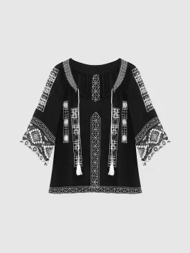 Custom V-Neck Embroidered Lace Black Top