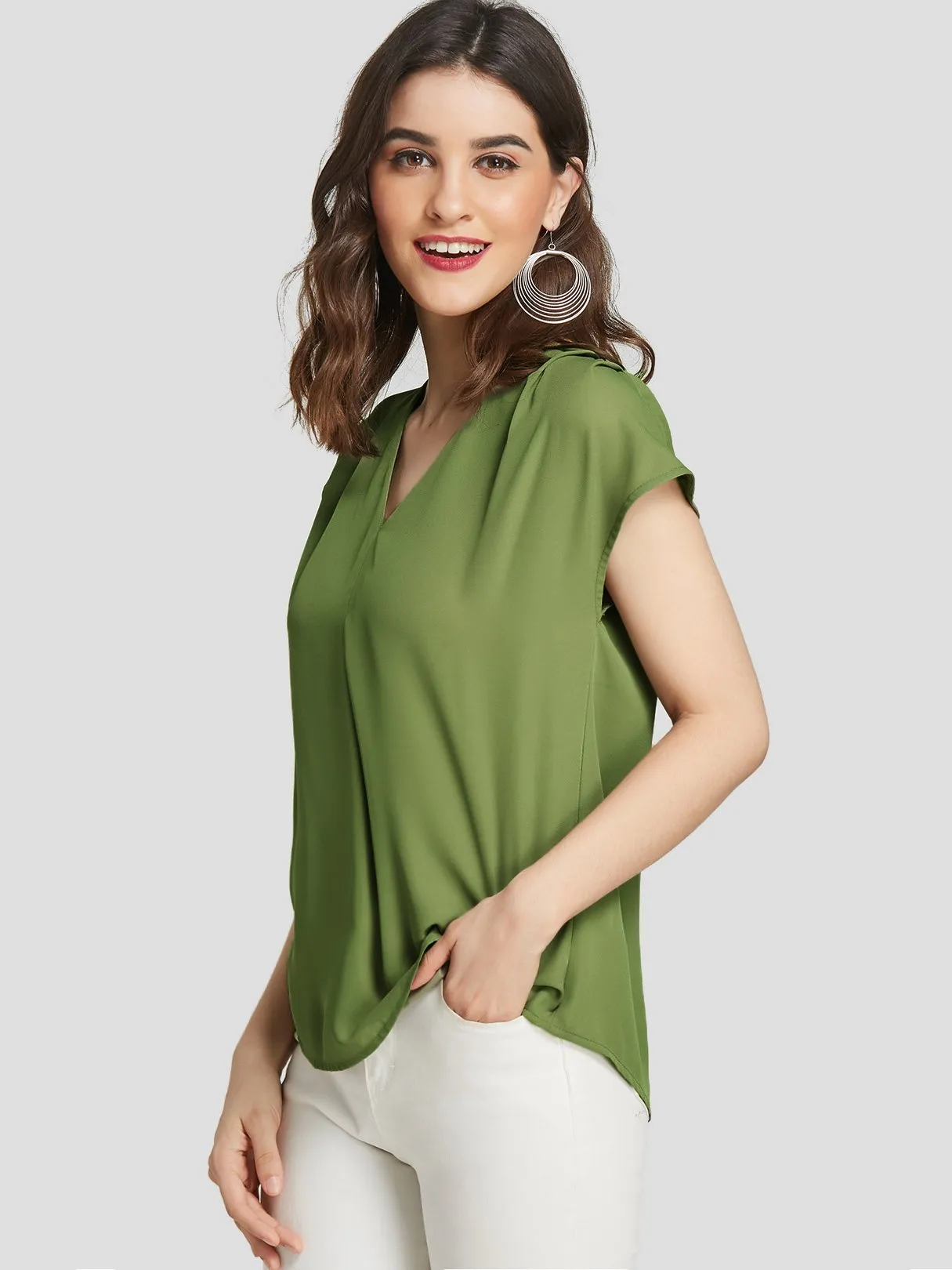 Custom V-Neck Plain Pleated Short Sleeve Green Blouses