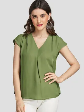 Custom V-Neck Plain Pleated Short Sleeve Green Blouses