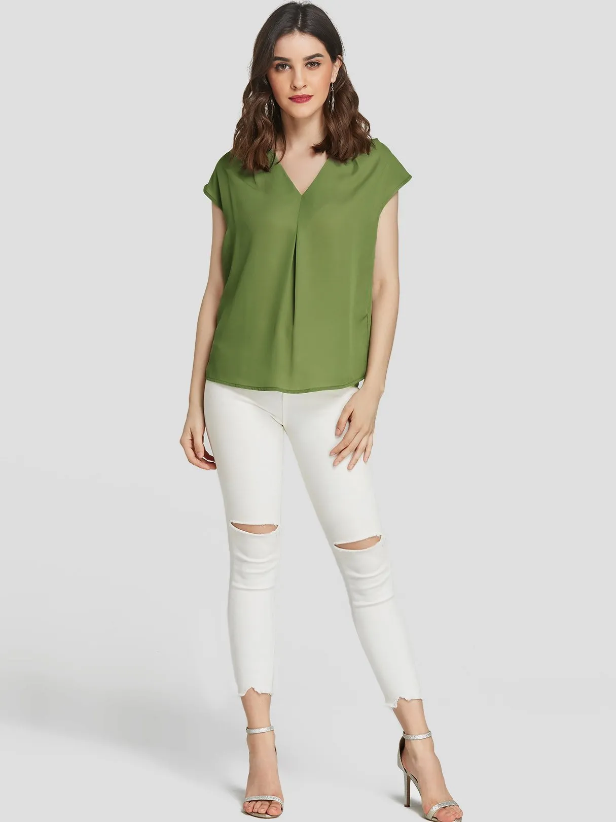 Custom V-Neck Plain Pleated Short Sleeve Green Blouses