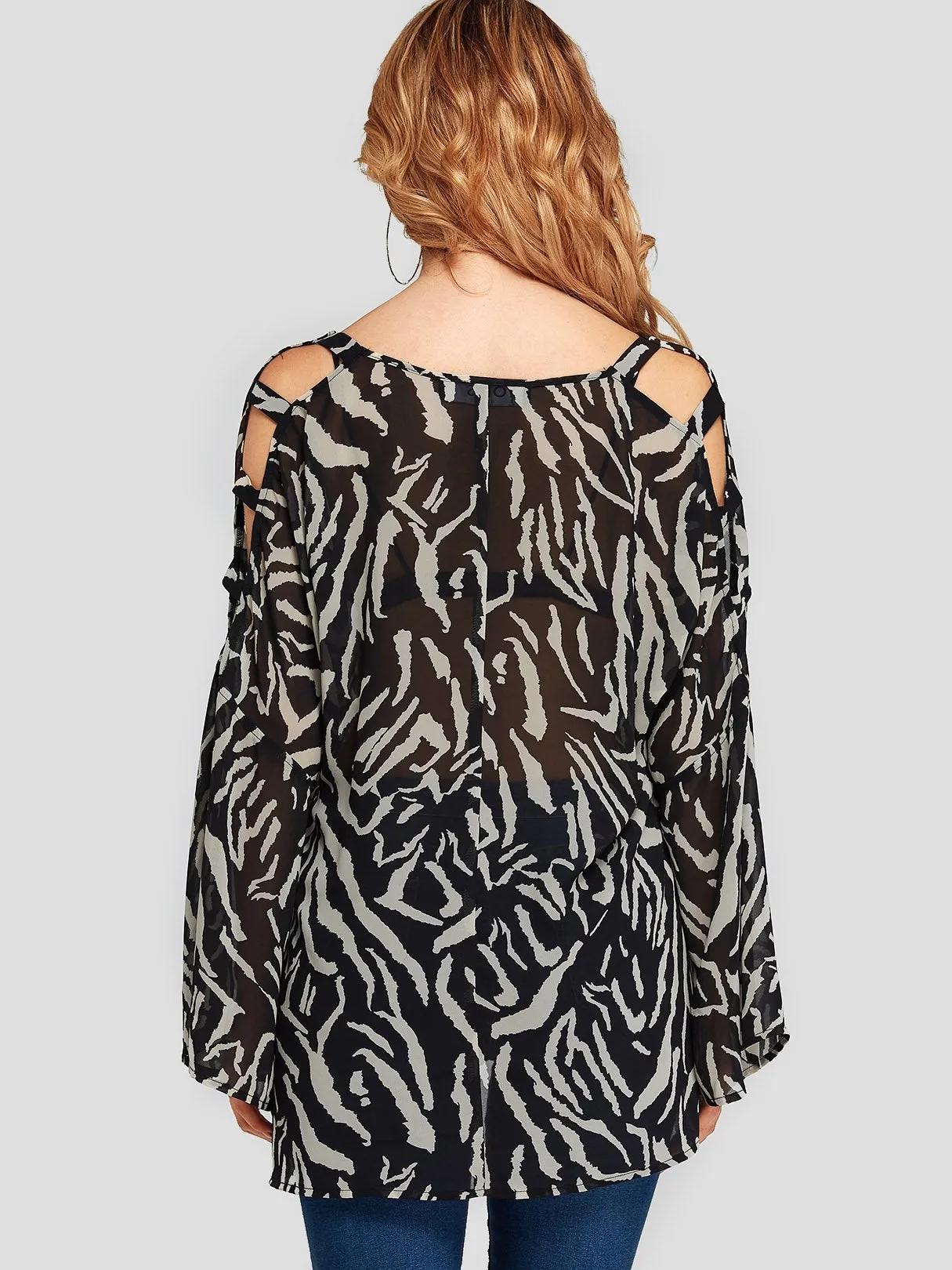 Custom V-Neck Zebra Cut Out Long Sleeve Black Blouses