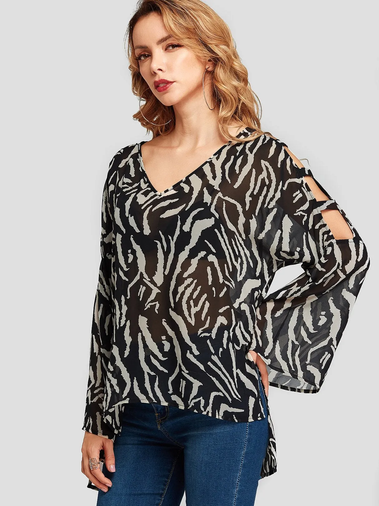 Custom V-Neck Zebra Cut Out Long Sleeve Black Blouses