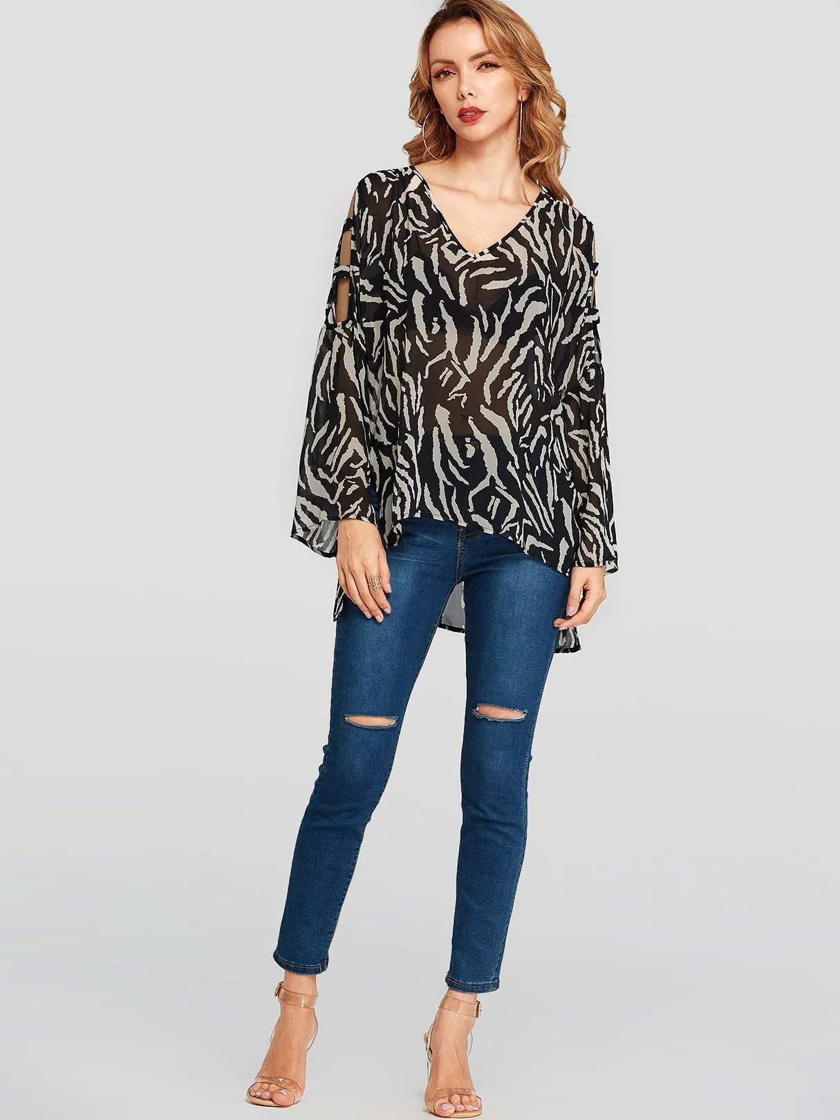 Custom V-Neck Zebra Cut Out Long Sleeve Black Blouses