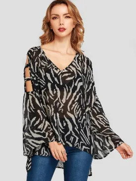 Custom V-Neck Zebra Cut Out Long Sleeve Black Blouses