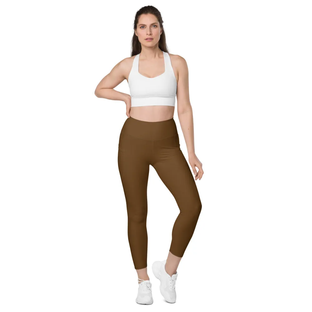 Dark Brown Women's Tights, Women's 7/8 Leggings With 2 Side Pockets - Made in USA/EU/MX