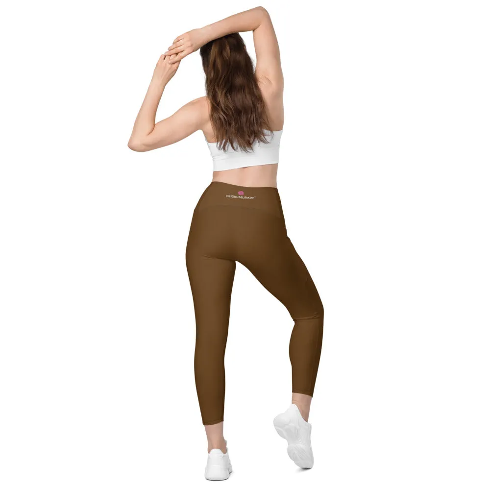 Dark Brown Women's Tights, Women's 7/8 Leggings With 2 Side Pockets - Made in USA/EU/MX