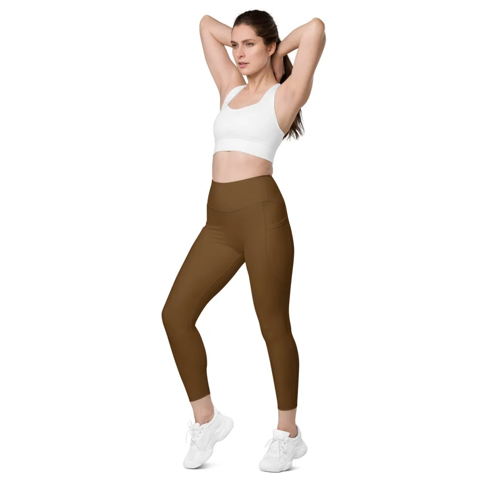 Dark Brown Women's Tights, Women's 7/8 Leggings With 2 Side Pockets - Made in USA/EU/MX