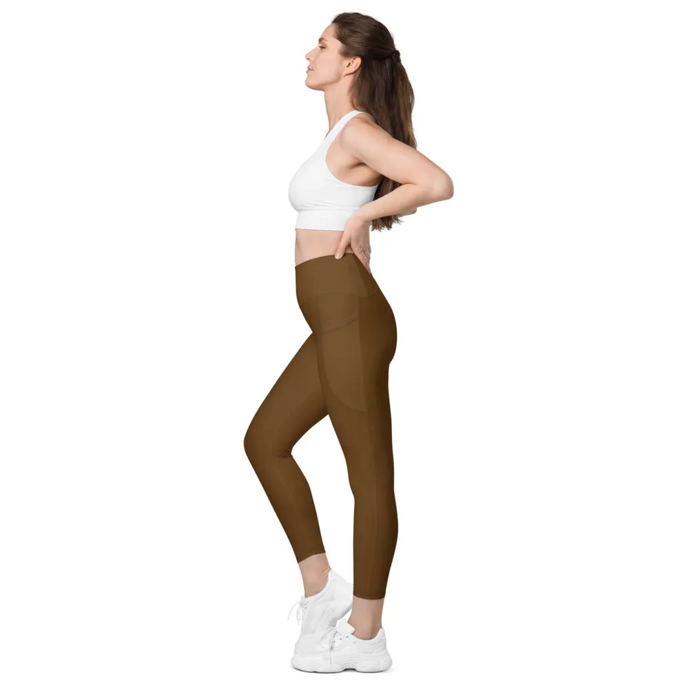 Dark Brown Women's Tights, Women's 7/8 Leggings With 2 Side Pockets - Made in USA/EU/MX