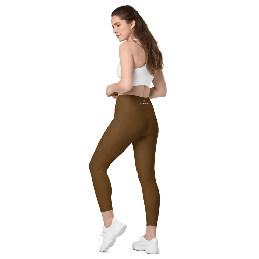 Dark Brown Women's Tights, Women's 7/8 Leggings With 2 Side Pockets - Made in USA/EU/MX