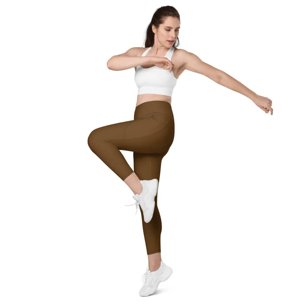 Dark Brown Women's Tights, Women's 7/8 Leggings With 2 Side Pockets - Made in USA/EU/MX