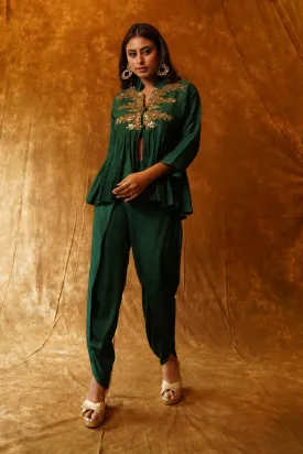 Emerald Elegance: Peplum Top & Overlap Dhoti Set