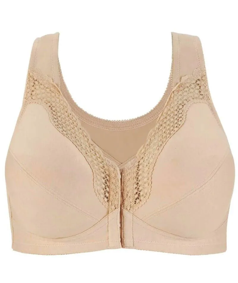 Exquisite Form Fully Front Close Wire-Free Cotton Posture Bra With Lace - Nude