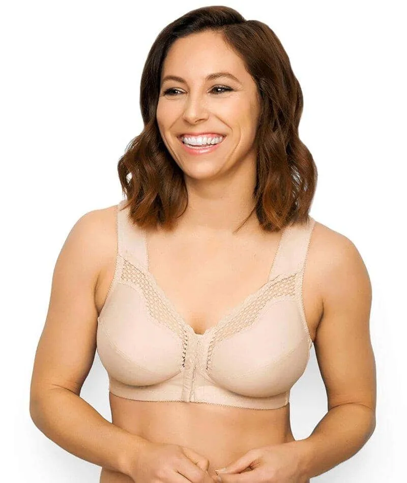 Exquisite Form Fully Front Close Wire-Free Cotton Posture Bra With Lace - Nude