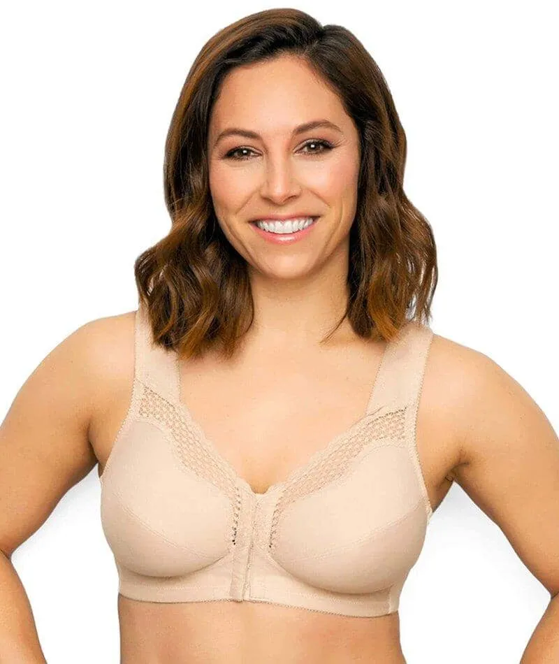 Exquisite Form Fully Front Close Wire-Free Cotton Posture Bra With Lace - Nude