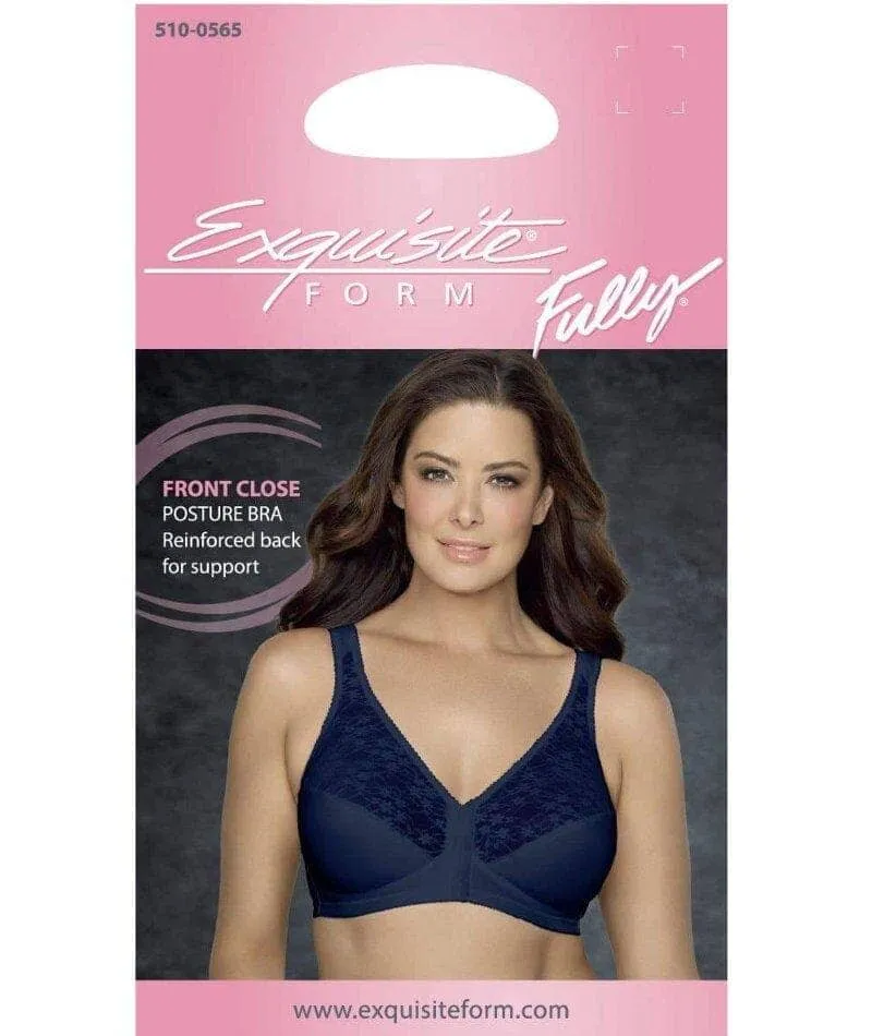 Exquisite Form Fully Front Close Wire-Free Posture Bra With Lace - Navy