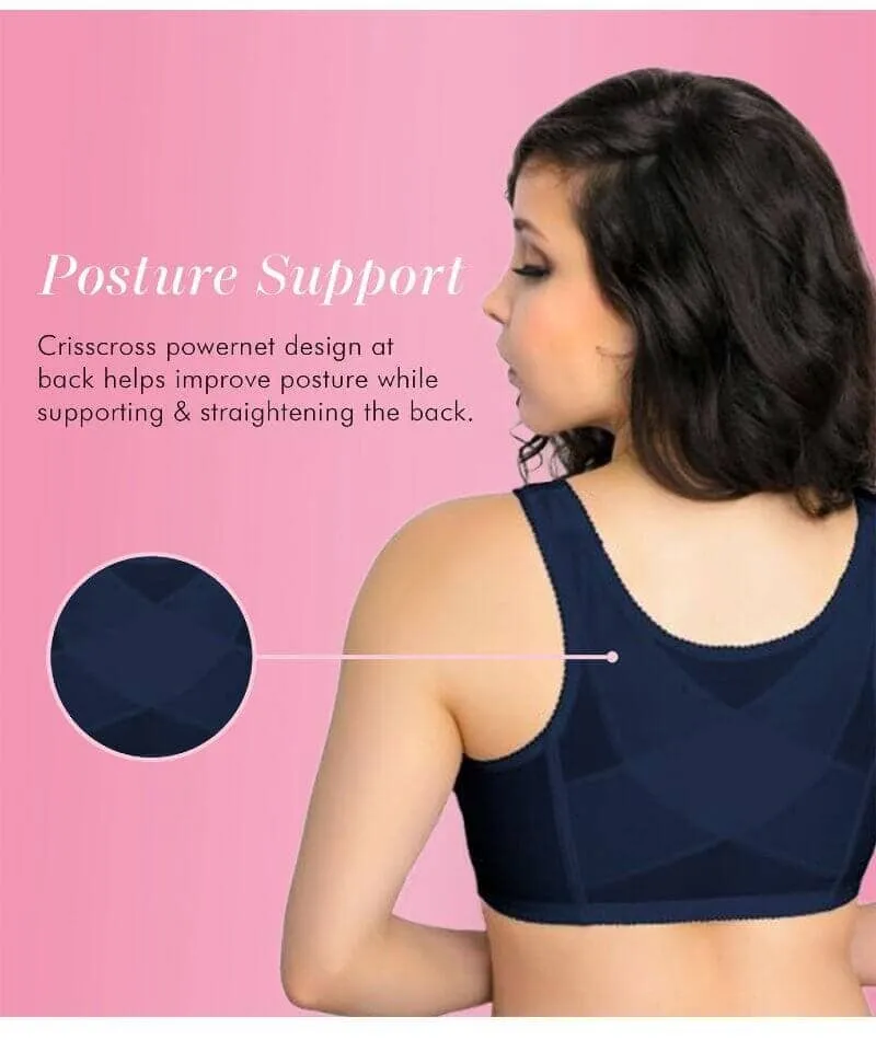 Exquisite Form Fully Front Close Wire-Free Posture Bra With Lace - Navy