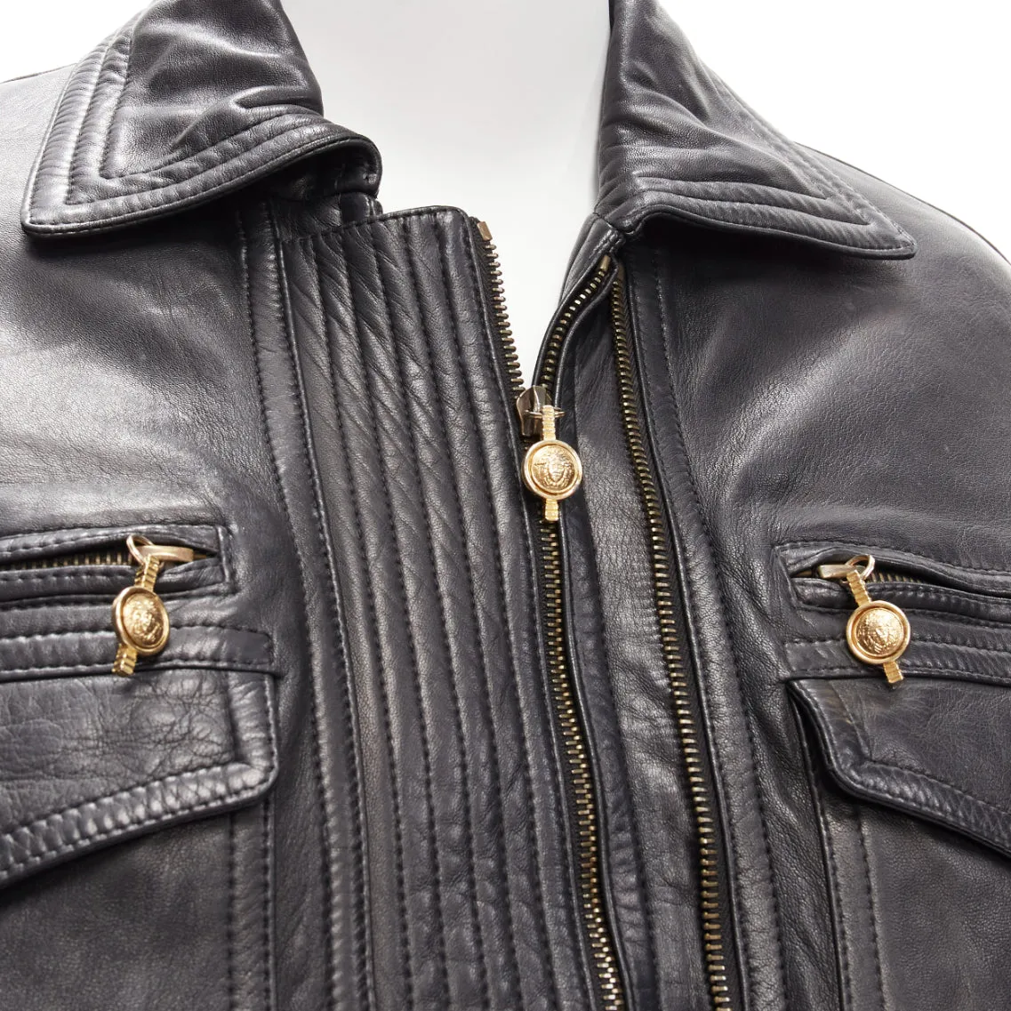 GIANNI VERSACE 1992 S&M black leather gold bondage buckle bomber IT38 XS