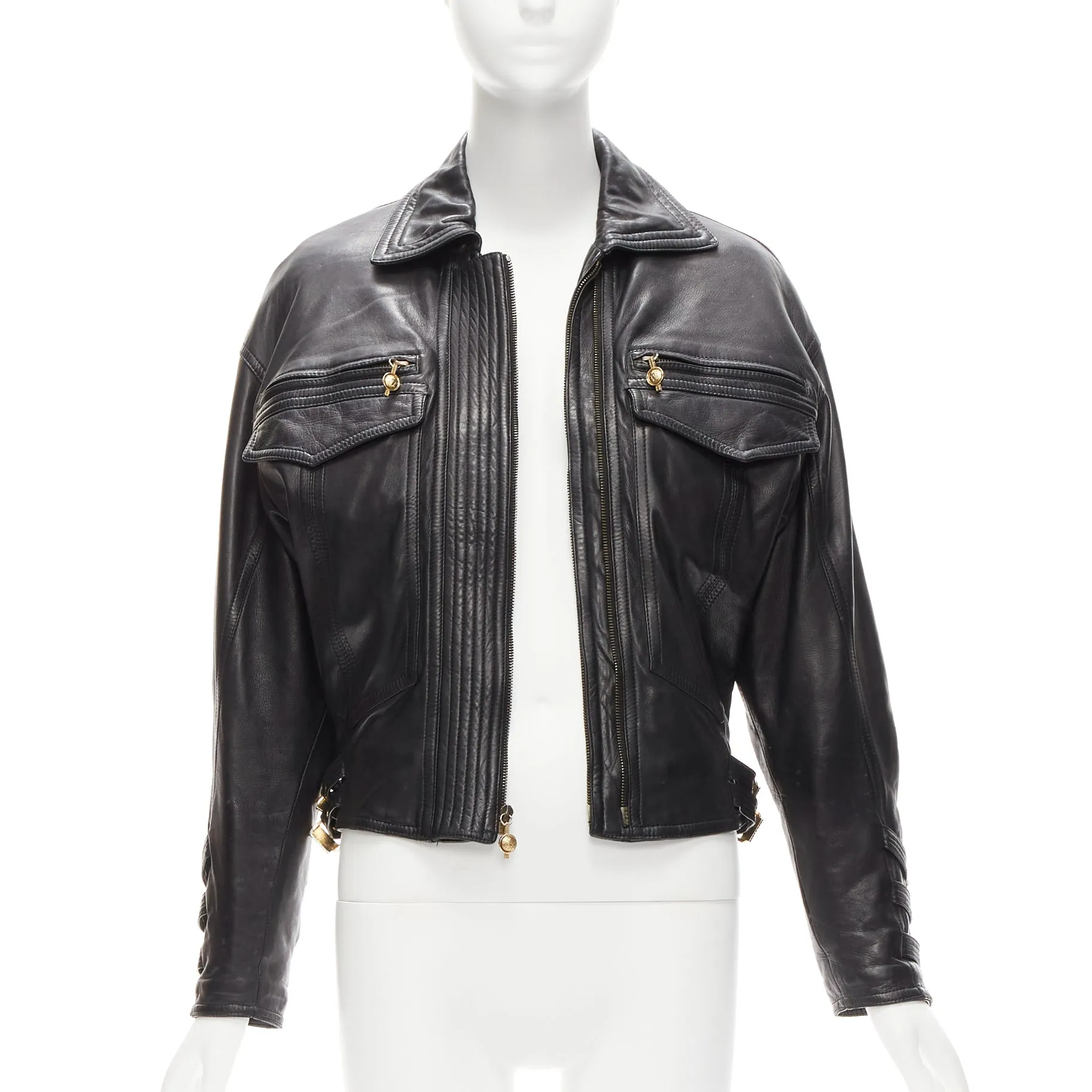 GIANNI VERSACE 1992 S&M black leather gold bondage buckle bomber IT38 XS