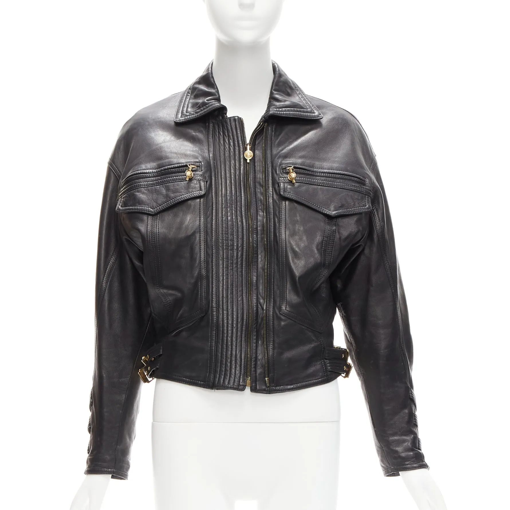 GIANNI VERSACE 1992 S&M black leather gold bondage buckle bomber IT38 XS