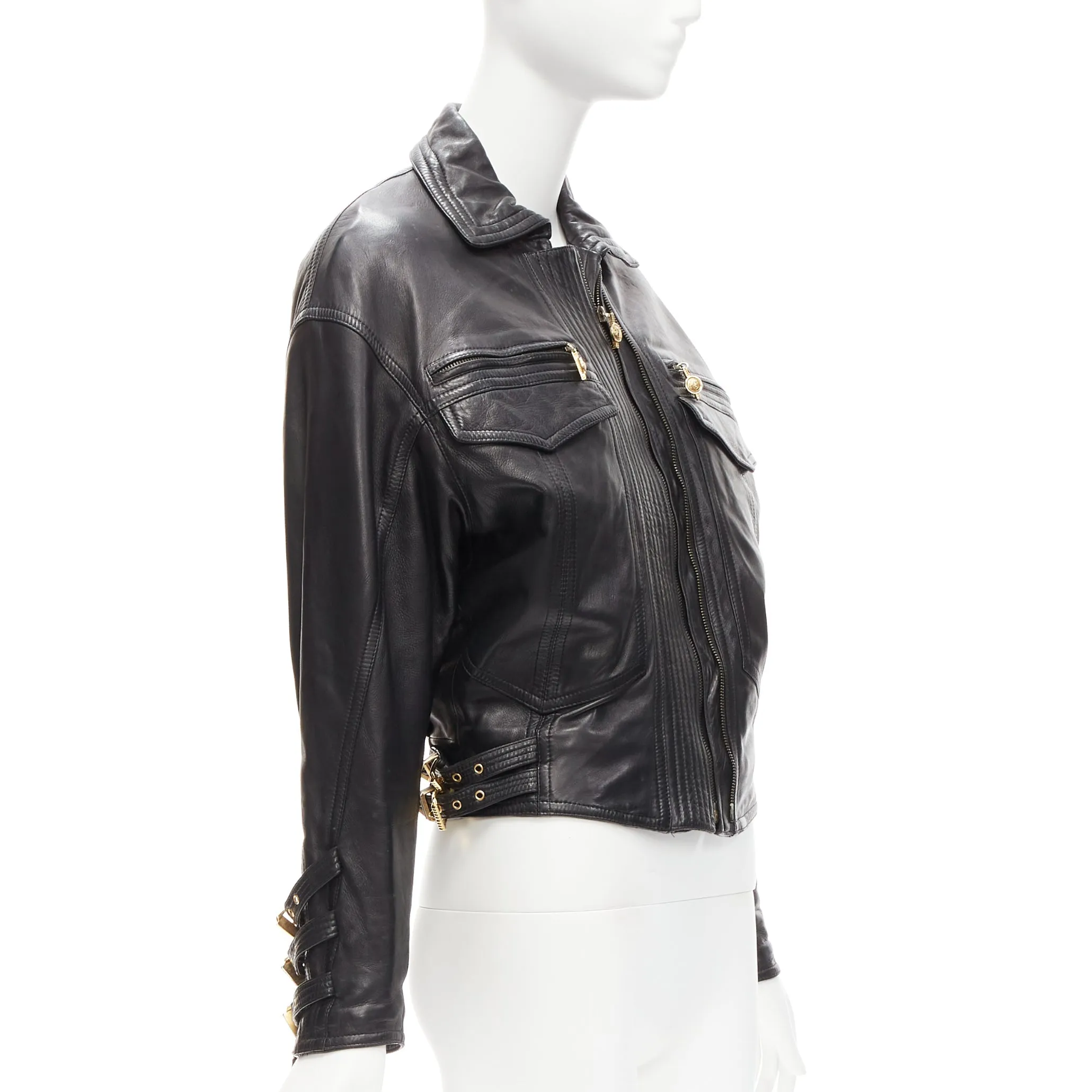 GIANNI VERSACE 1992 S&M black leather gold bondage buckle bomber IT38 XS